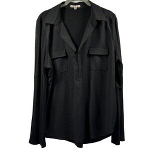 Skys Are Blue Women's‎ Top Blouse Size XL Petite Solid Black Semi Sheer Roll Tab